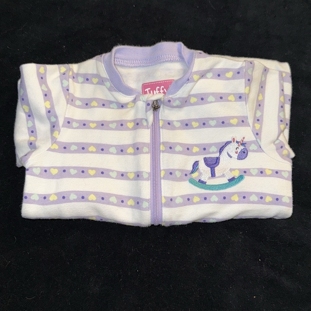 🍄3M Tuffy Vtg rocking horse Striped Purple and White Kids One Pc double zip